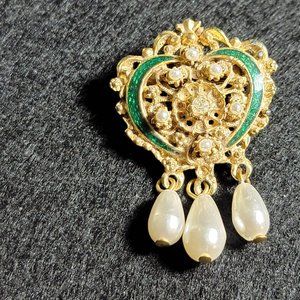 Crest Shaped Gold Tone Brooch with Faux Pearls And Green Enamel